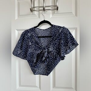 Blue Polka Dot Front-Tie Crop Top | one size | SHEIN